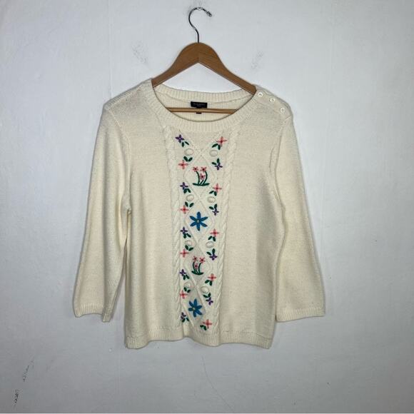 Talbots Ivory Cableknit Floral Embroidered Pom Pom Sweater Size LP - Picture 1 of 12